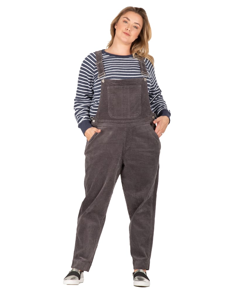 Front of a model wearing a size L Kylie Corduroy Overall in Charcoal by Standards & Practices. | dia_product_style_image_id:280737